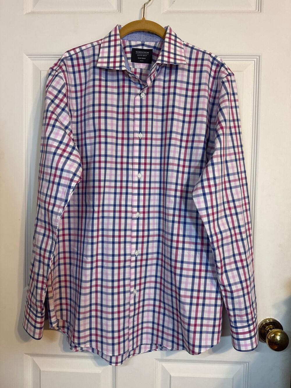 Nordstrom Men's Shop Dress Shirt 16.5 Large Trim Fit Plaid Pink Blue Multicolor
